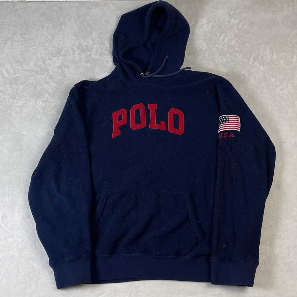 Polo Ralph Lauren USA Men's Navy Fleece Hoodie Size XXL Flag Spellout